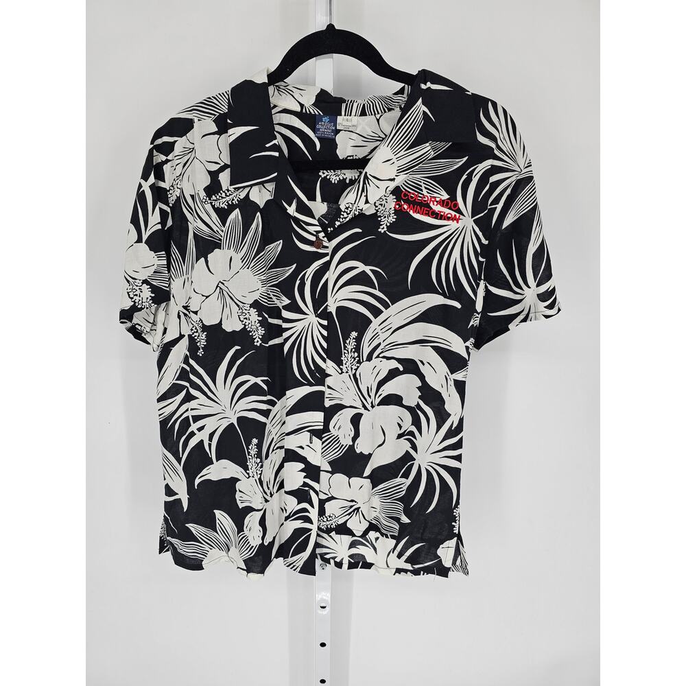 Hibiscus Collection Women's Black White Short Sleeve Floral Button Top Size L